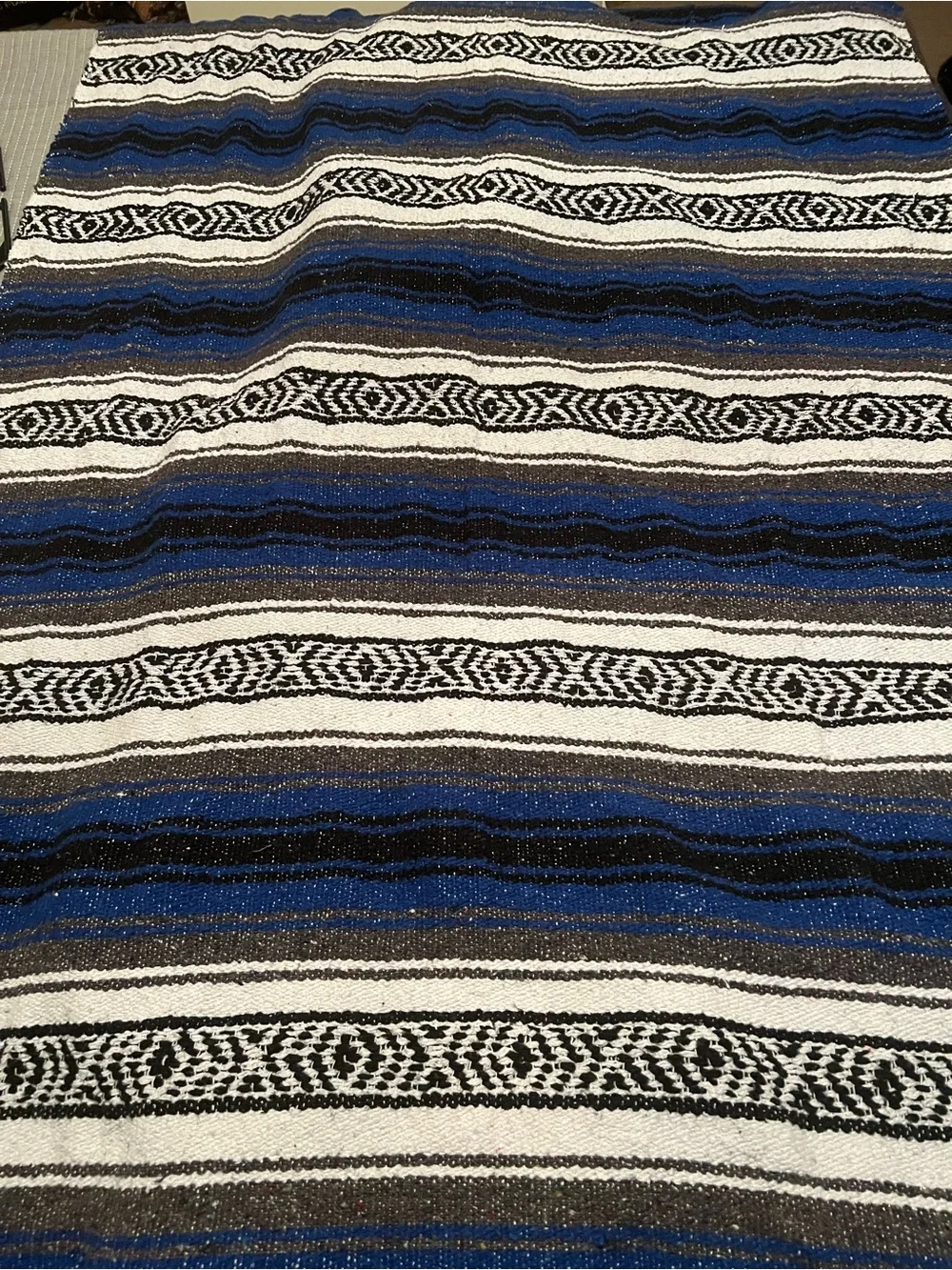 Authentic Mexican Falsa Blanket – Blue, Black & White Serape Throw